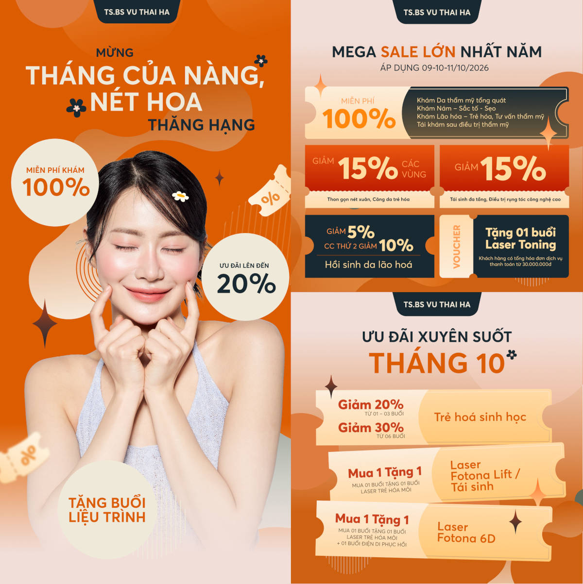 MEGA SALE tháng 10: miễn phí 100% phí thăm khám, ưu đãi đến 15%, tặng Laser Toning cho hóa đơn từ 30 triệu; áp dụng 09-11/10/2026